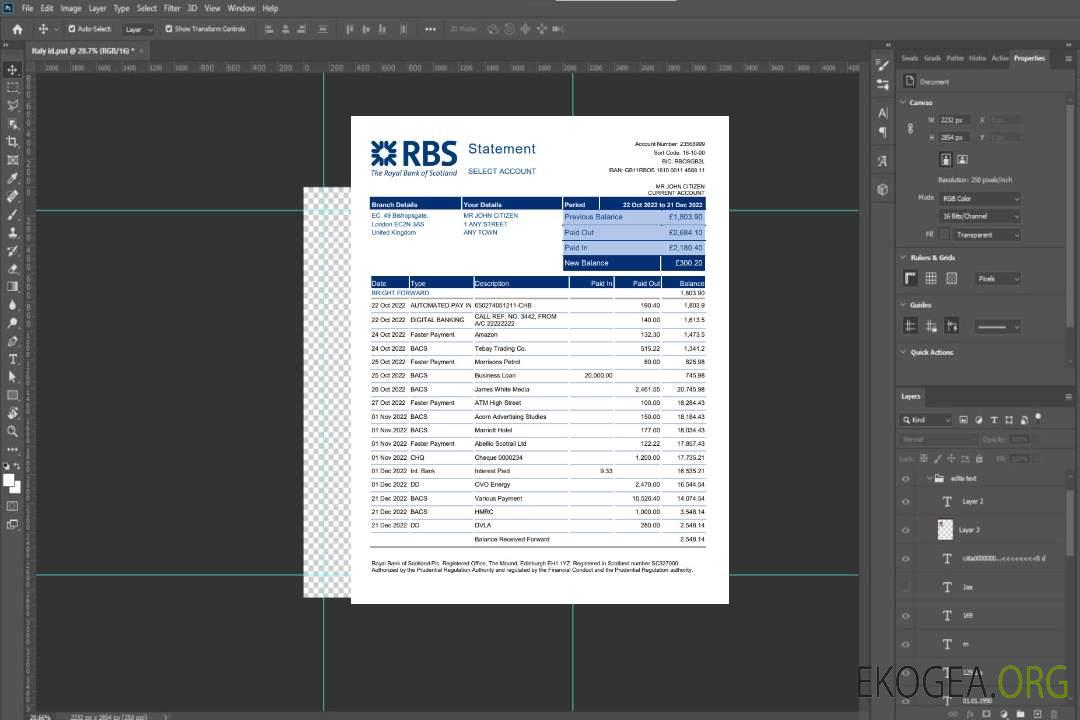 Relevé bancaire de la Royal Bank of Scotland (RBS) du Royaume-Uni, modèle Word et PDF template